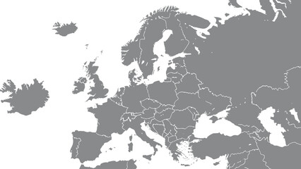 A clear, gray map displays the geographical boundaries of the continent of Europe, including surrounding islands and bodies of water, with internal country borders delineated.