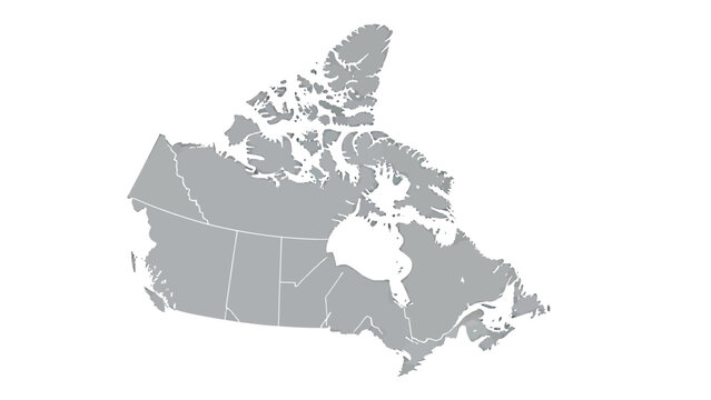 A map of Canada in grayscale with provincial boundaries clearly delineated against a white background, representing the geographical outline of the country.