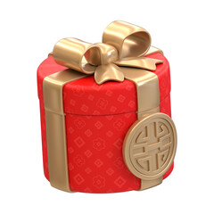 Realistic 3D Rendering Cylindrical Present Box with Golden Ribbon and Chinese Pattern