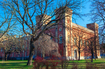  Museum of Military History (Heeresgeschichtliches Museum), located within grand, red-brick Arsenal complex in Vienna. Building with unique Byzantine-Moorish revival architecture and crenelated towers