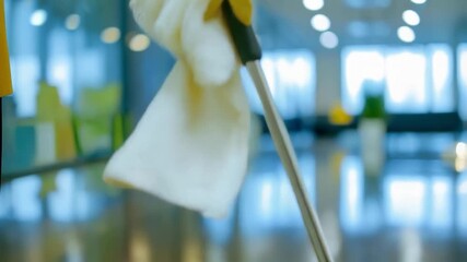 Yellow protective gloves and a cloth in the hand symbolise cleaning, creating an atmospheric backdrop for advertising cleaning services or household chemicals.
