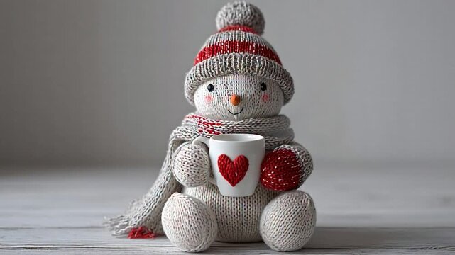 Cozy Winter Snowman Holding Heart Mug, Soft Knitted Hat and Scarf, Indoor Minimalist Background, Close-Up View, Warm Holiday Concept