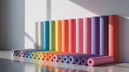 A visually striking array of rolled colorful yoga mats representing diversity wellness and the practice of mindfulness in a contemporary studio setting.