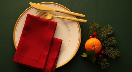 Formal place setting featuring golden utensils, a red napkin, and festive evergreen garnish on a dark surface