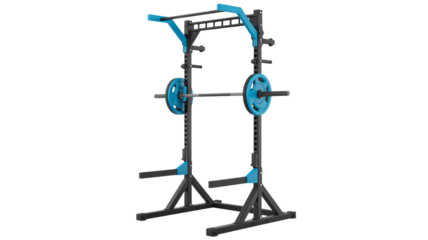 A squat rack with blue accents and black frame standing alone on white background for weightlifting exercises in a gym or home workout space with visible barbell