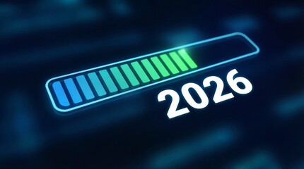Futuristic progress bar chart with 2026 target date and glowing blue green bars