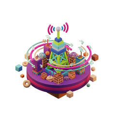Isometric 3D Clay Model: 5G Network Tower and Smart City [Transparent PNG]