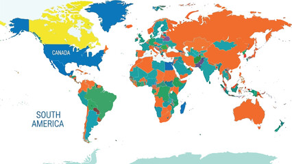 Fototapeta premium A colorful world map illustration displays different continents and countries in distinct colors, with labels for 