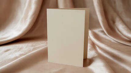 An elegant blank cream colored greeting card mockup standing upright on a luxurious draped satin fabric background for presentations and displays.