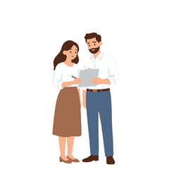 Fototapeta premium Man and woman discussing clipboard contents