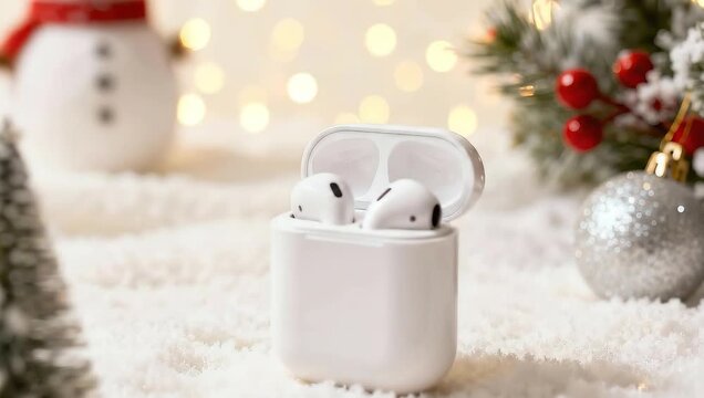 Wireless earbuds in open case on snowy background with decorations  