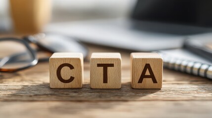 Call to Action (CTA) acronym on wooden blocks on a wooden office desk with a laptop and glasses in the background.