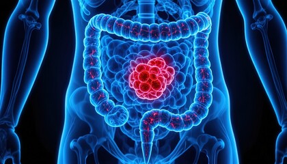 Human digestive system with inflamed colon and tumor
