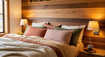 Cozy bedroom setting features layered textiles and warm illumination against natural wood paneling