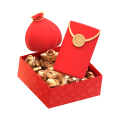 3D Rendering Pile of Golden Coin with Red Bag and Envelope for Chinese New Year Celebration