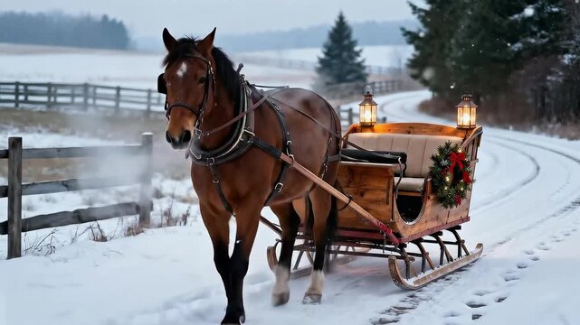 Horse pulling a sleigh decorated for Christmas in snowy landscape  