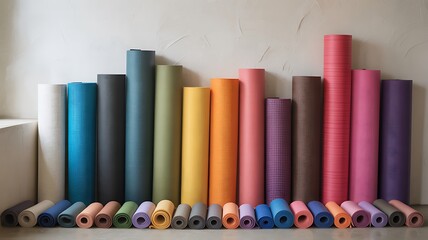 Colorful rolled yoga mats displayed in a row representing diversity wellness and balance within a calm and peaceful environment