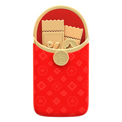 Glossy 3D Render Red Lucky Pocket with Gold Coins Illustration