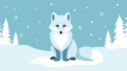 White fox sitting upright in a snowy winter landscape with evergreen trees and falling snowflakes