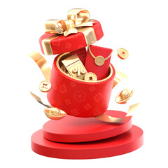 Festive 3D Render Open Gift Box with Chinese New Year Elements
