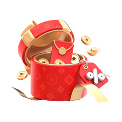 Cheerful 3D Rendered Gift Box with Red Envelopes and Coins for Lunar New Year
