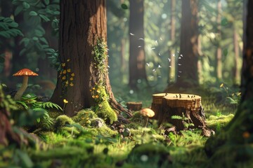 Obraz premium Butterflies flying over a tree stump in an enchanted forest with mushrooms, moss, and flowers growing