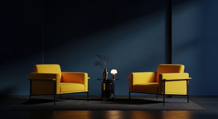 Two vibrant yellow modern armchairs sit in a darkly lit interior space with deep blue walls