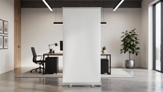 Roll-up banner mockup standing upright with the blank banner area centered and fully visible