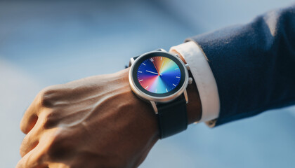 montre moderne au cadran color&eacute; au poignet, style et technologie