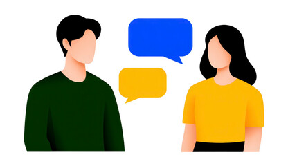 Two people having conversation with speech bubbles, communication concept, flat illustration, male and female, casual clothing, friendly interaction, transparent background