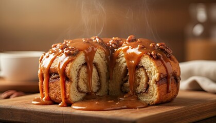 Delicious Warm Cinnamon Roll Drizzled With Caramel Sauce and Pecans on a Wooden Board With Steam Rising From the Pastry
