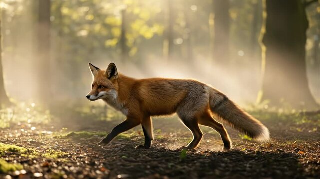 A red fox walks through a misty forest at sunrise.
