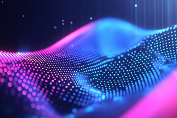 abstract digital wave background with neon blue and pink dotted mesh on dark backdrop