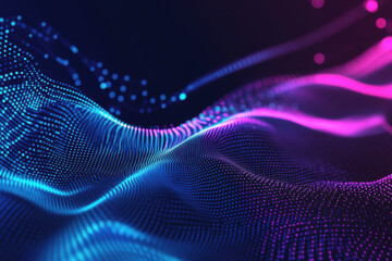 abstract digital wave background with neon blue and pink dotted mesh on dark backdrop