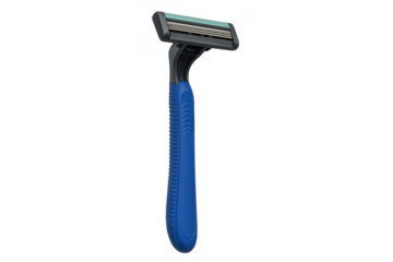 Blue disposable razor with multiple blades providing a close shave for personal grooming and hygiene on transparent background