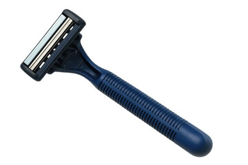 Disposable safety razor with blue handle for men's personal care, shaving, and grooming on transparent background
