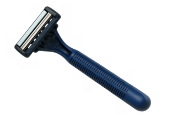 Disposable safety razor with blue handle for men's personal care, shaving, and grooming on transparent background