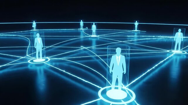 Futuristic global network connecting business people with blue lines.