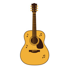 Obraz premium Yellow acoustic guitar with musical notes isolated