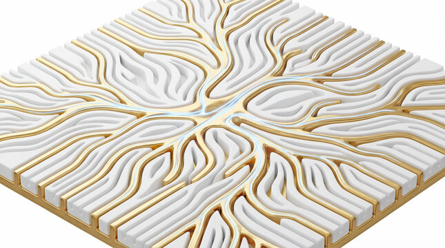 3D Render of Neuromorphic Computing Chip with Organic Gold Network for Brain-Inspired AI Concept
