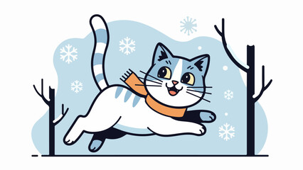 Playful gray-and-white cat mid-leap with orange scarf in winter landscape