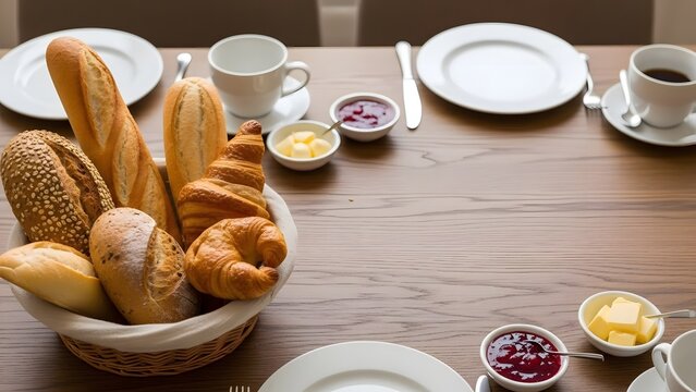 Food: Assorted Bread in a Basket with Butter and Jam on a Wooden Breakfast Table Setting