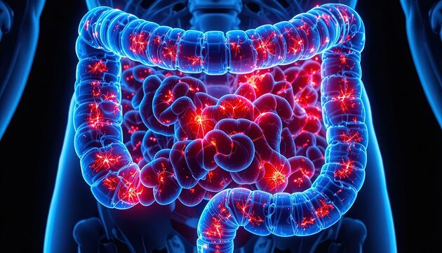 Human digestive system with inflamed gut highlighted in red