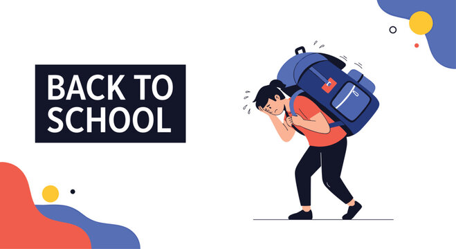 Conceptual back to school illustration showing a student struggling to carry a huge and heavy backpack on their shoulders.