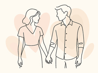 Minimalist line art illustration of a young couple holding hands with heart shapes on background, romantic relationship concept.