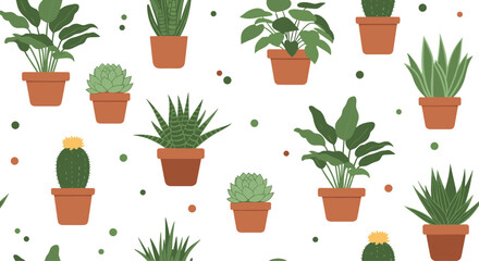 Fototapeta premium Seamless pattern of cute cartoon houseplants in terracotta pots on a white background with decorative dots for textile design.