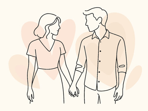 Minimalist line art illustration of a young couple holding hands with heart shapes on background, romantic relationship concept. - Powered by Adobe