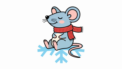 Charming illustrated mouse with red scarf sitting on snowflakes