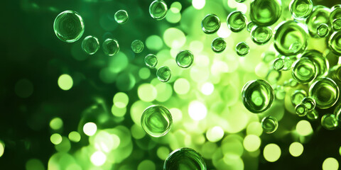 abstract green bubbles floating on luminous green bokeh background with shiny reflections and soft light effects