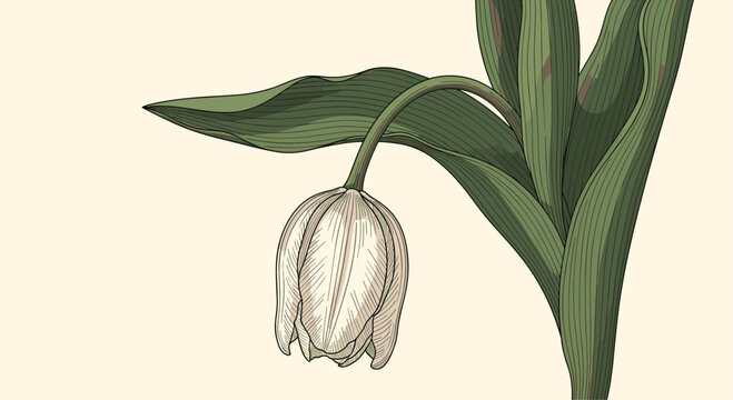 Detailed vintage botanical art of a single white tulip flower drooping gracefully against a soft light beige background.